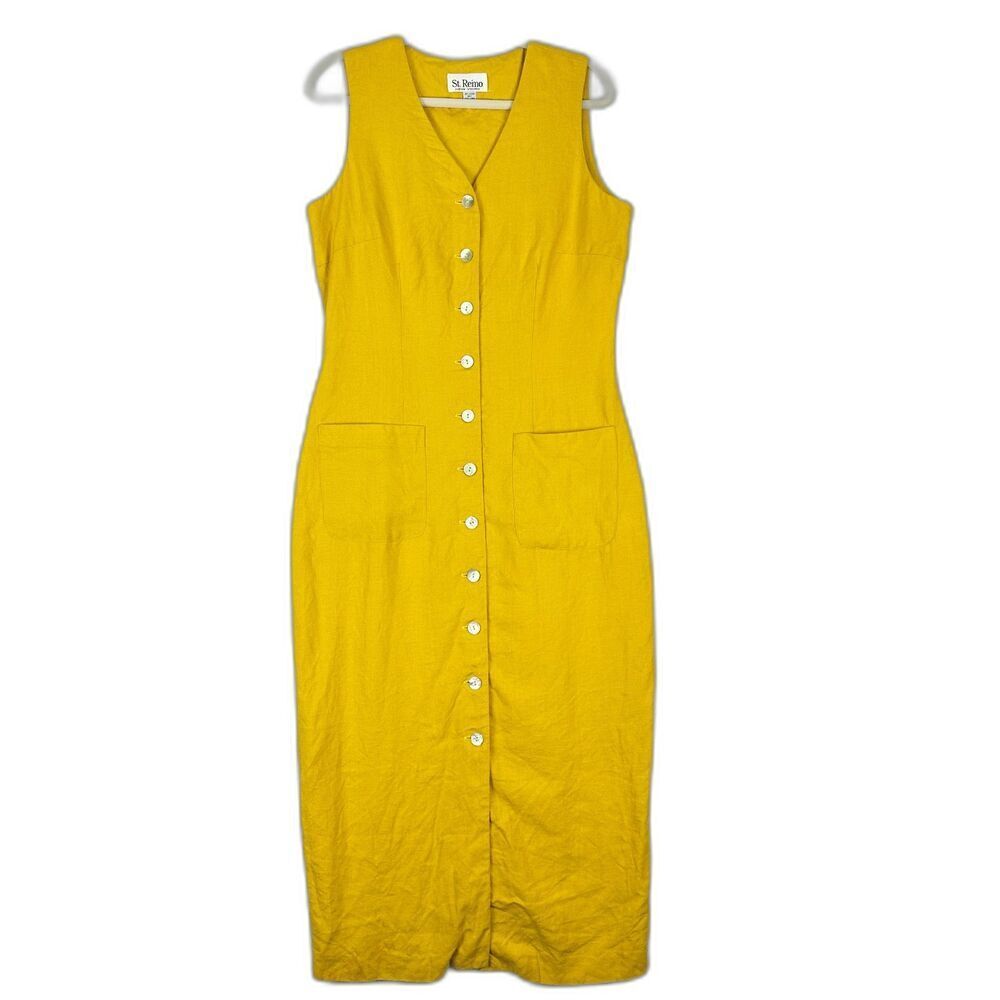 St Remo New York Linen Maxi Shirt Dress Size 14 Yellow Lined Sleeveless Pockets